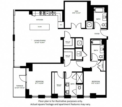 Floor plan for 2 beds, 3 baths, 1697 sqft